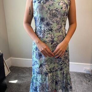 Tommy Hilfiger Halter Fairycore Green Navy Maxi Ruffle Hem Boho Small Dress‎